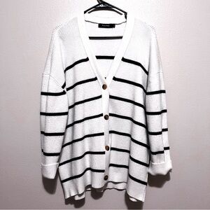 Women’s White Striped Cardigan Sweater, XL